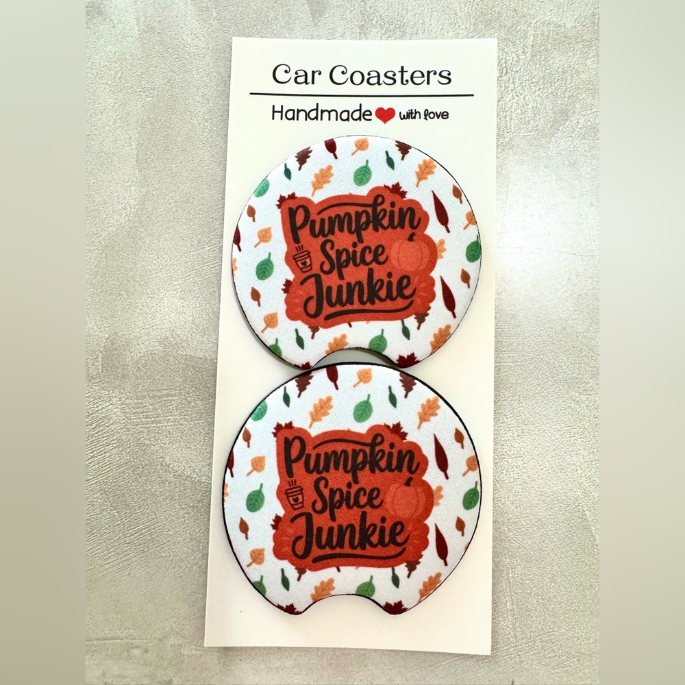 Pumpkin Spice Junkie Car Cup Coasters Set Of 2 Orange And Green New Accessory